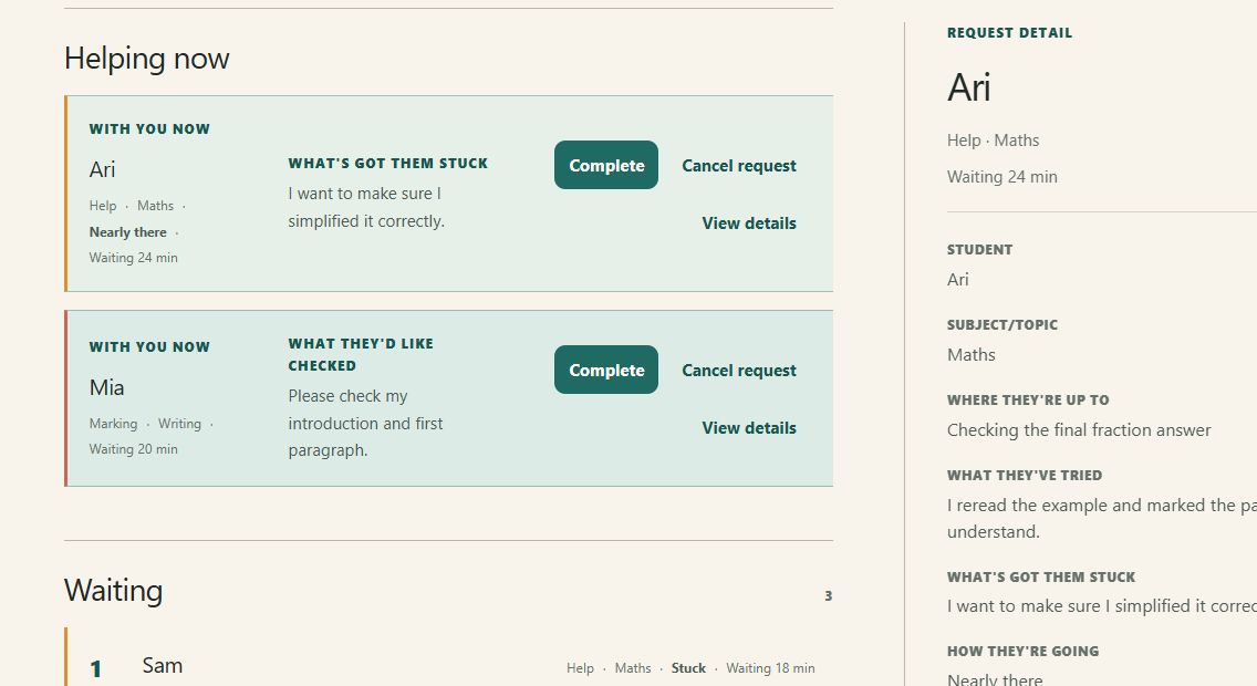 The private teacher queue with example Help and Marking requests, the student's explanation and controls to start or complete support.